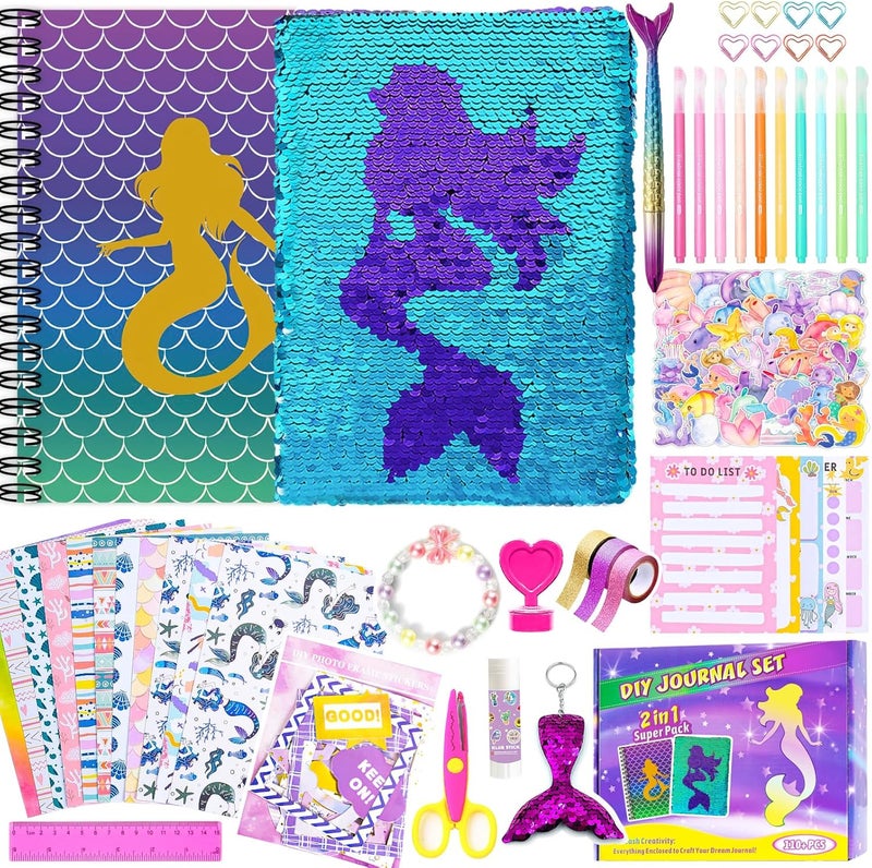 OFFIGIFT 2-Pack DIY Journal Kit for Girls Ages 8-12 13 14 Year Olds, Birthday Gifts for Teen Girls, 110pcs Art Crafts Scrapbook Supplies for Tween Kids, Kawaii Diary Stationary Set with Mermaid Sequin Journal - Image 1